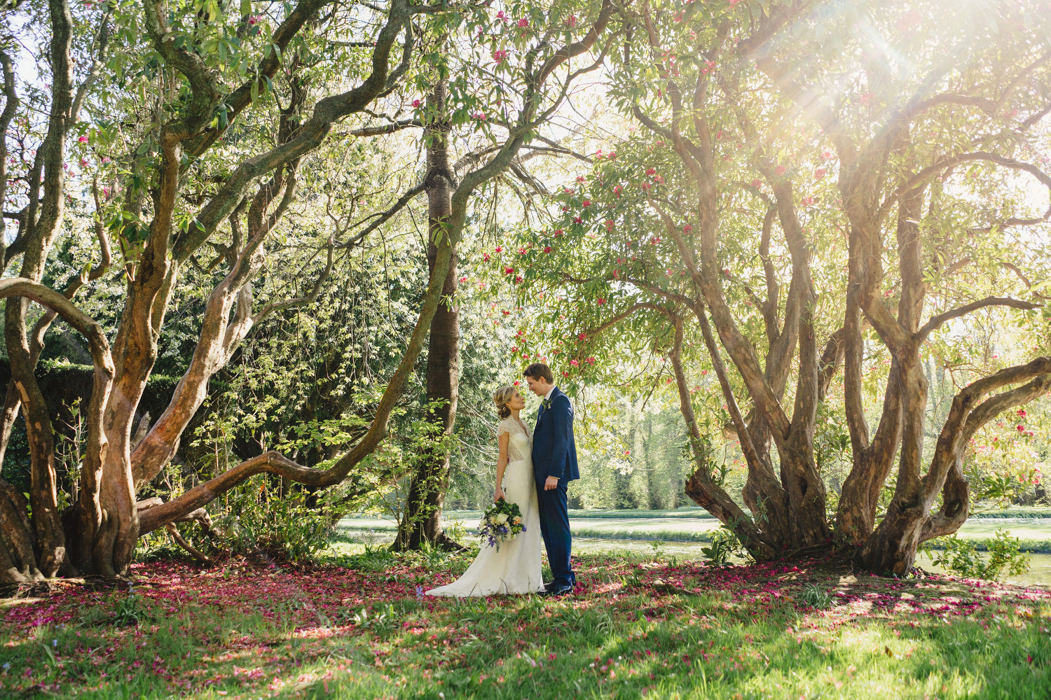 Bride and Groom close together on their wedding day in the forest at Killruddery House and Gardens