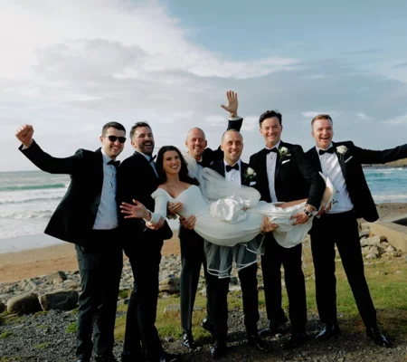 Wedding party with Bride and Groom on Spanish Point beach