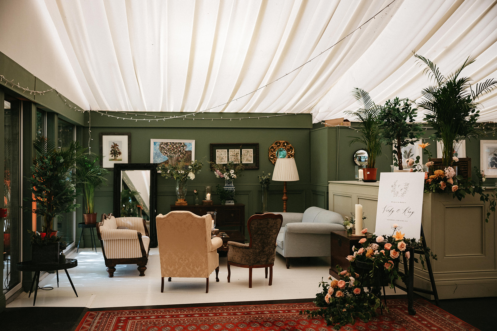 Lounge area setup on a wedding day at The Great Eastern Pavilion, Tinakilly House